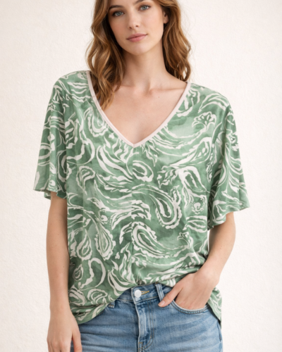 Μπλούζα Γυναικεία V-Neck με Print σε Πράσινο